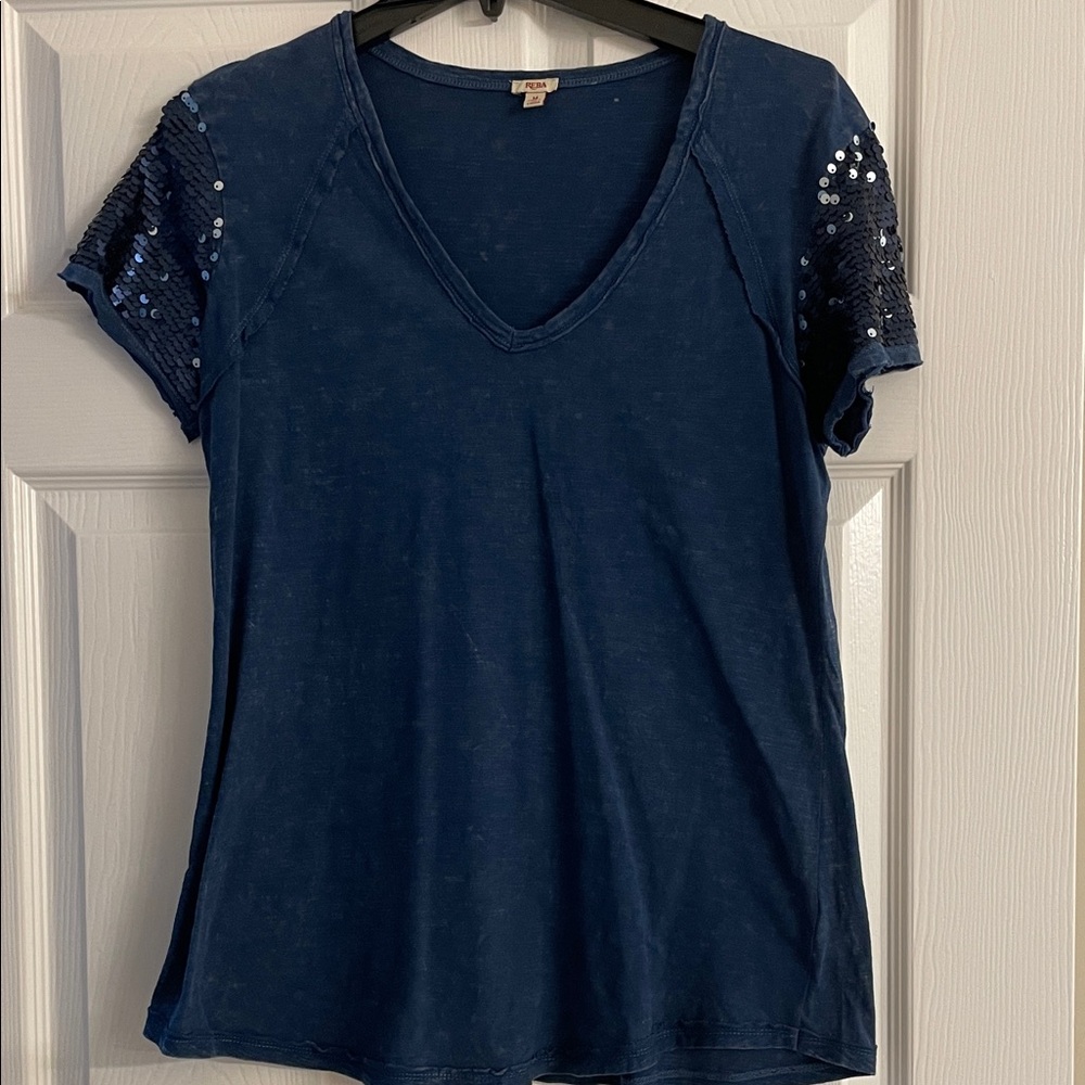 Reba Dark Blue Sequin Sleeve Tee